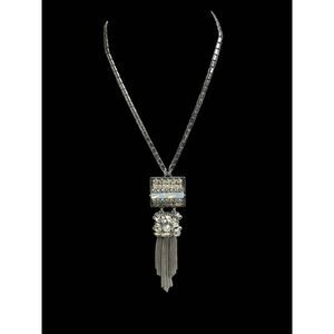 Vintage Silver Tone Rhinestone Hanging Pendant Necklace